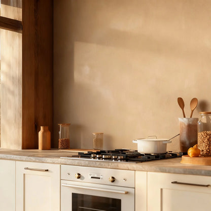 Pared de cocina en microcemento color Mojave con encimera cálida, utensilios de madera y frascos decorativos iluminados por luz natural.