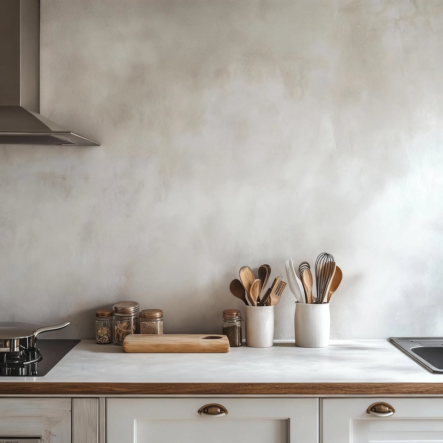 Pared de cocina revestida con microcemento color Blanco Roto, encimera de laminado y utensilios de madera sobre fondo luminoso.