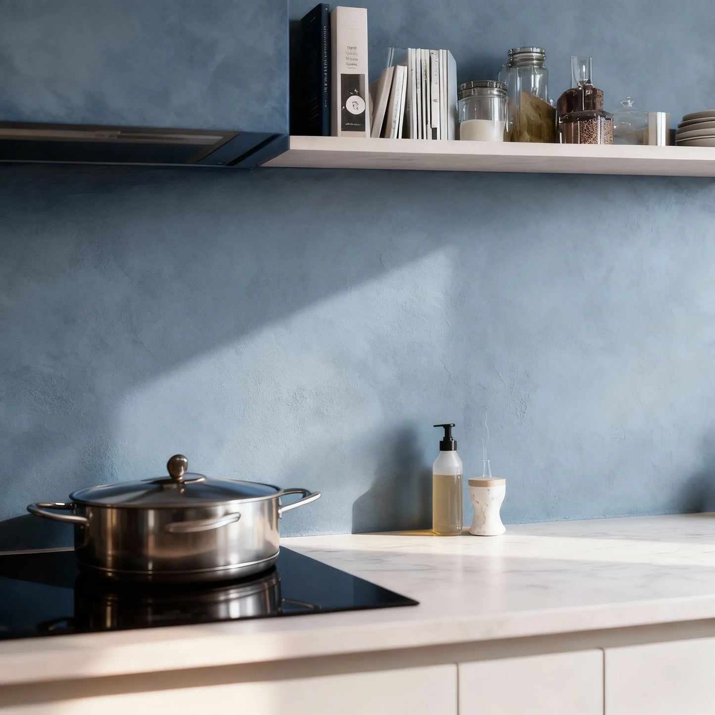 Pared de cocina revestida con microcemento color Breeze, luz natural y encimera de mármol con utensilios minimalistas.