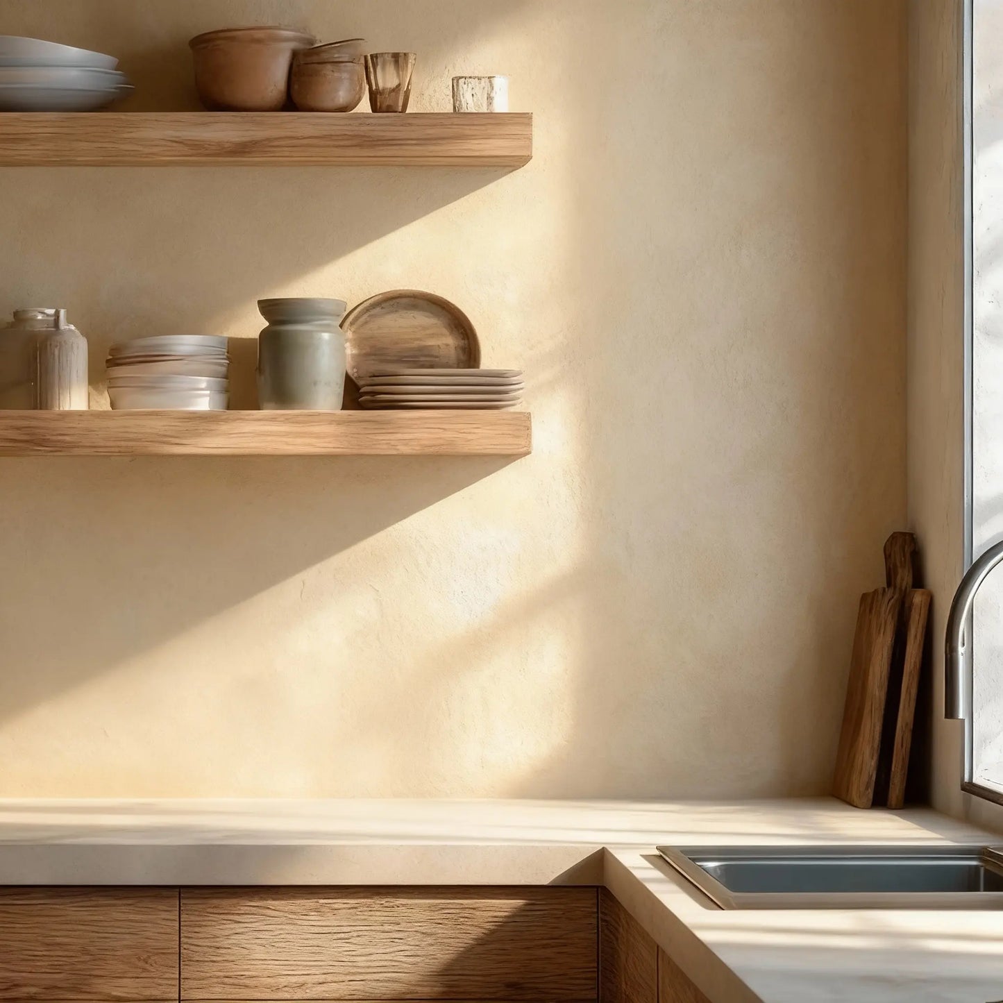 Pared de cocina revestida con microcemento color India, luz natural y estantes de madera con vajilla artesanal.