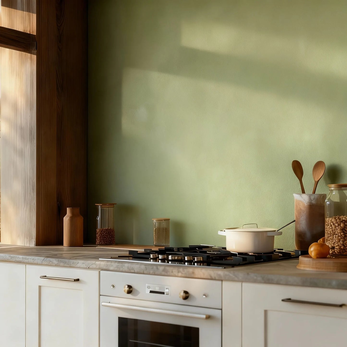 Pared de cocina revestida con microcemento color Wasabi, luz cálida y encimera de mármol con utensilios de madera