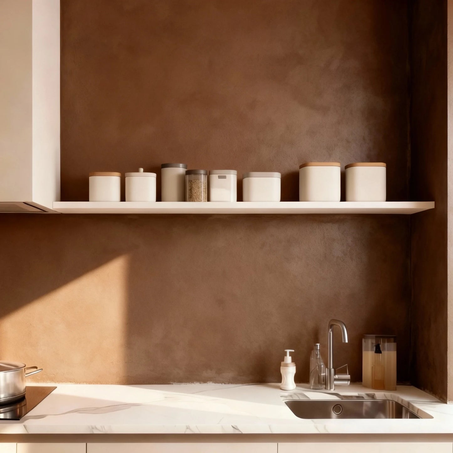  Pared de cocina de microcemento color Café, luz natural y encimera de mármol con estante y tarros claros.