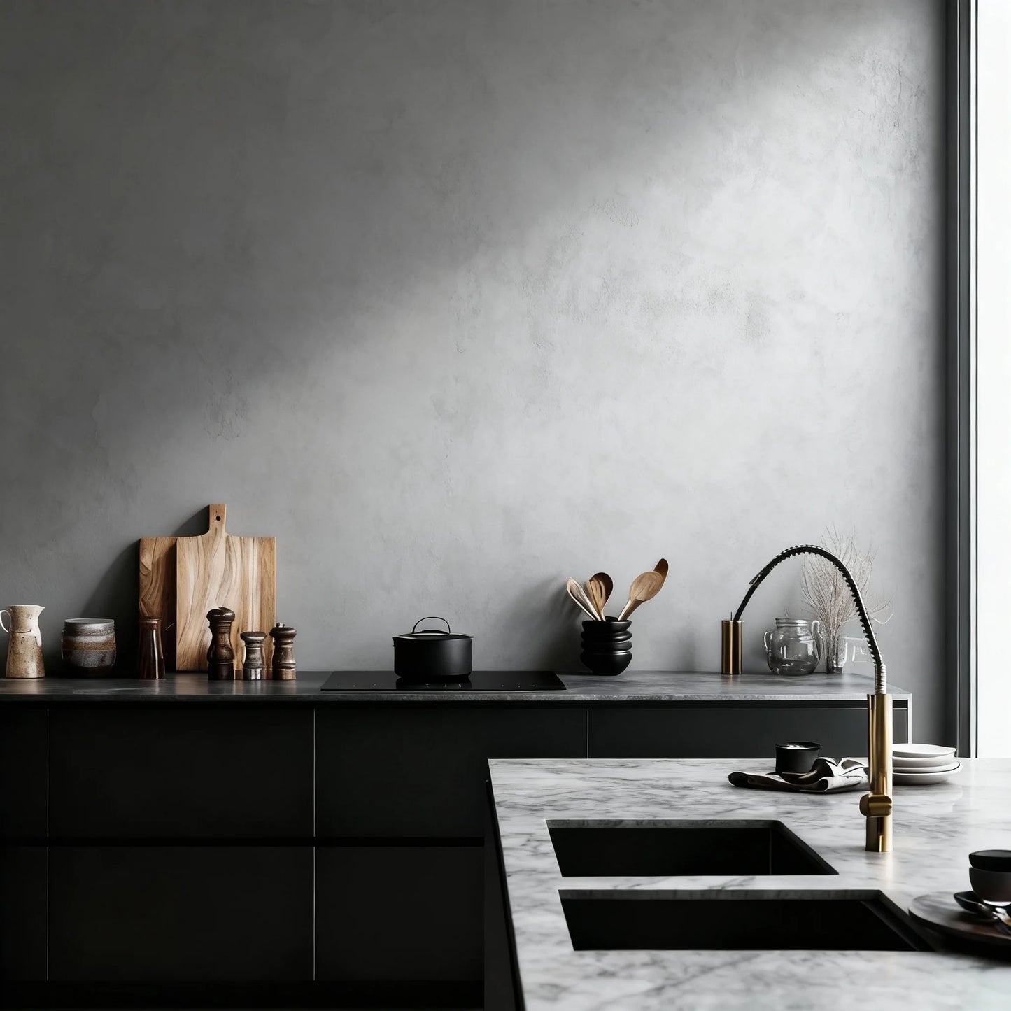 Pared de cocina de microcemento color Universe, luz natural y encimera de mármol con grifería dorada.