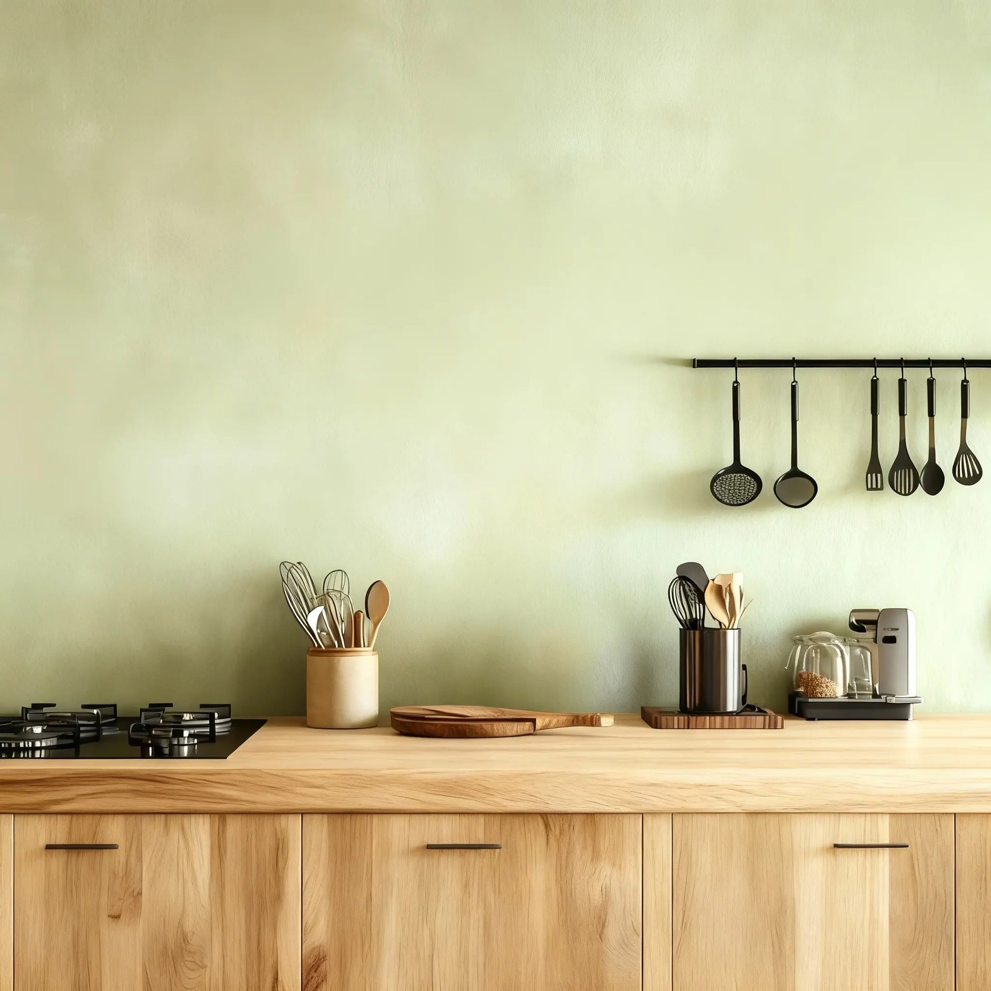 Pared de cocina de microcemento color Wasabi, encimera y muebles de madera con utensilios organizados.