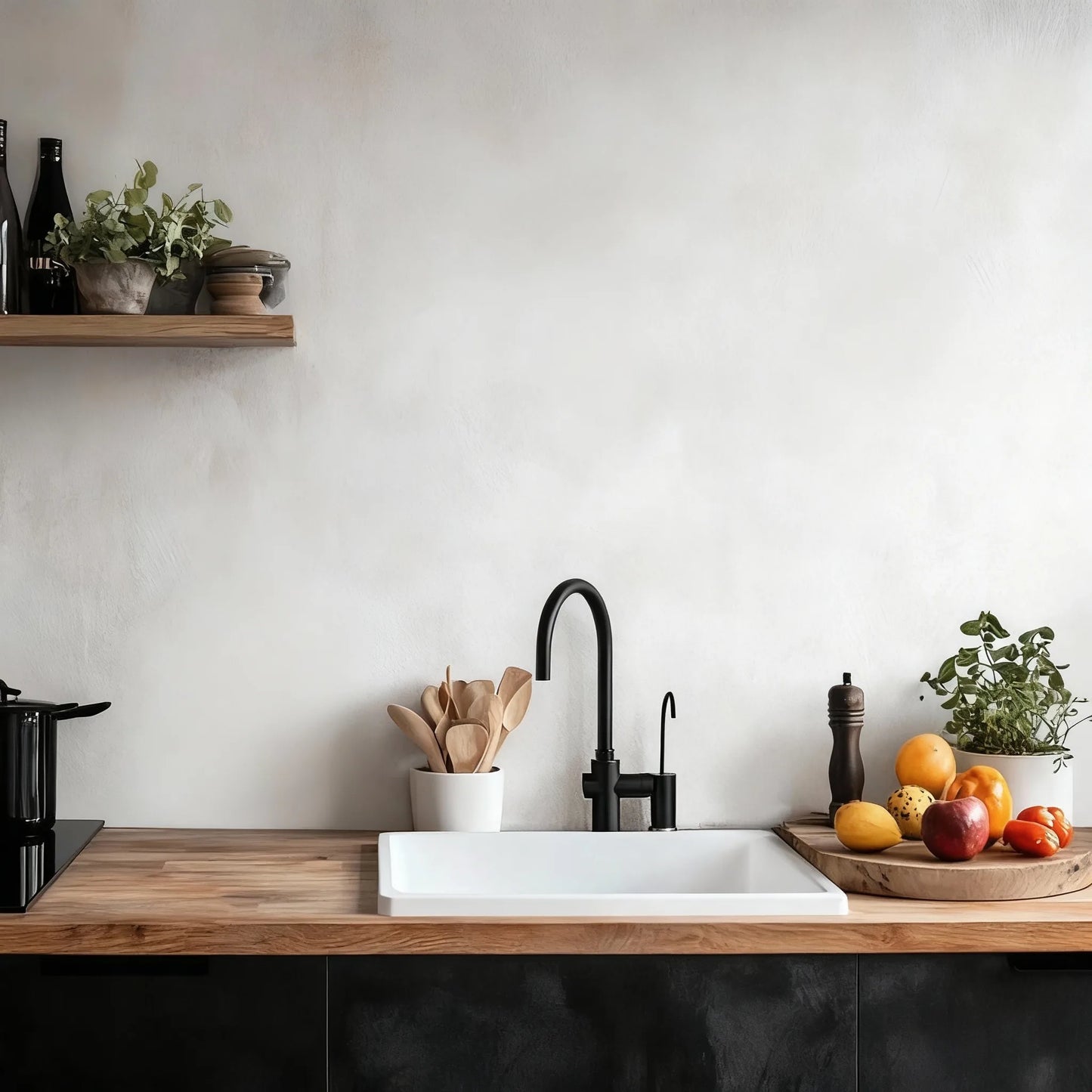 Pared de cocina en microcemento color Blanco, encimera de madera y fregadero con grifería negra moderna.