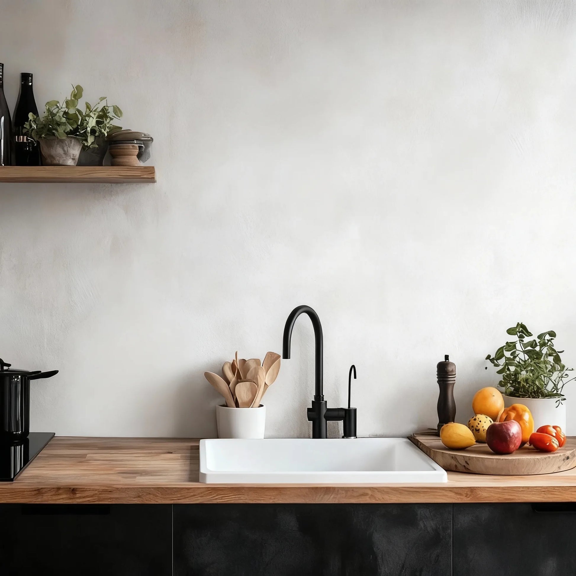 Pared de cocina en microcemento color Blanco, encimera de madera y fregadero con grifería negra moderna.