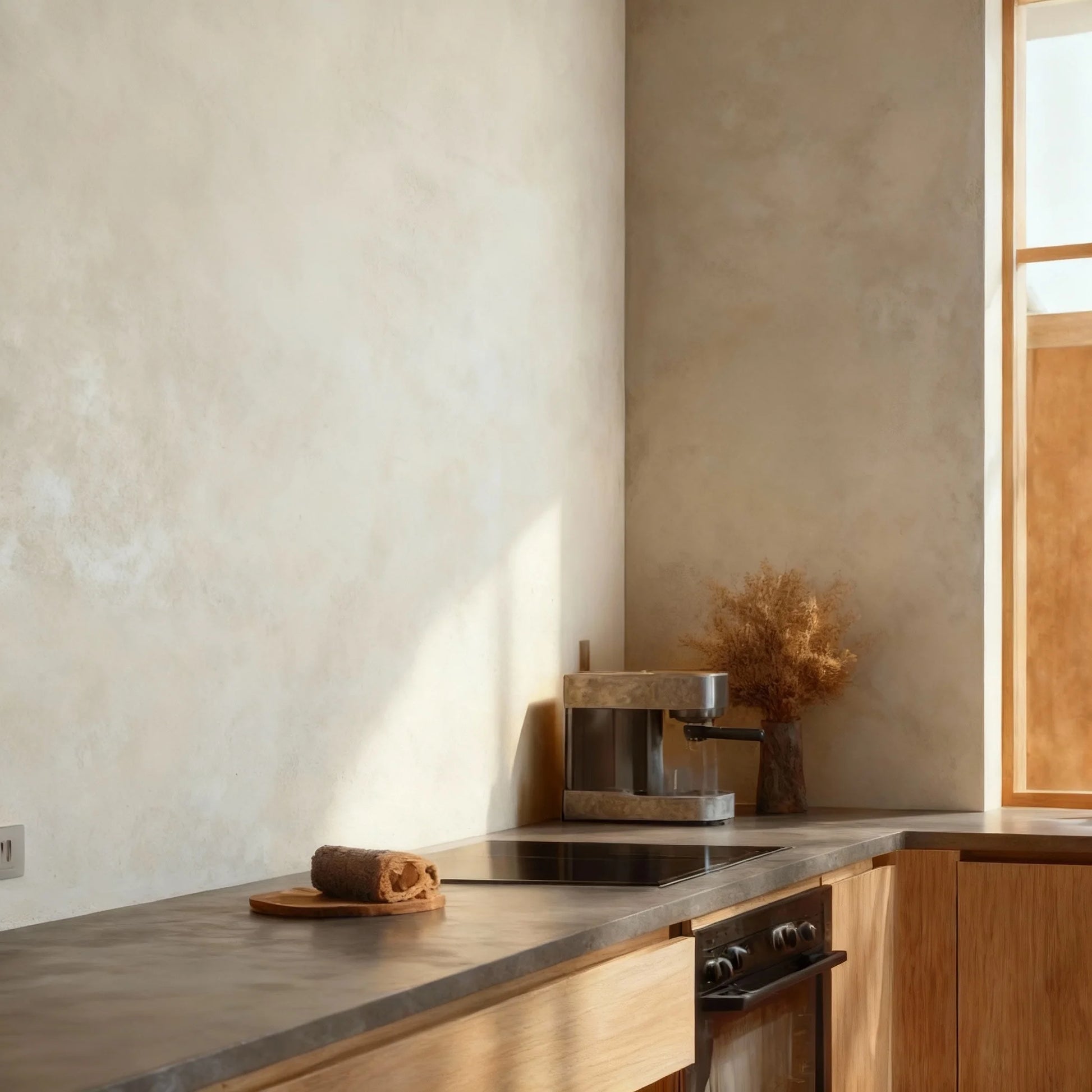 Pared de cocina en microcemento color Bone, luz cálida y encimera gris con muebles de madera clara.