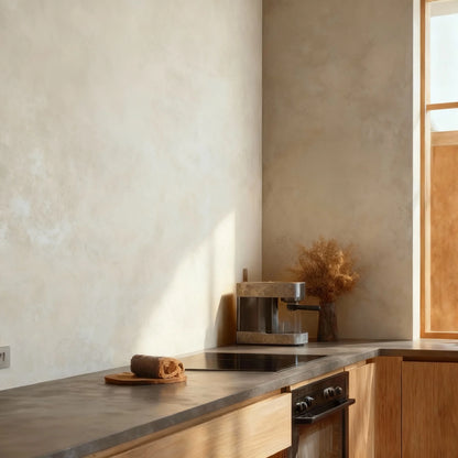 Pared de cocina en microcemento color Bone, luz cálida y encimera gris con muebles de madera clara.