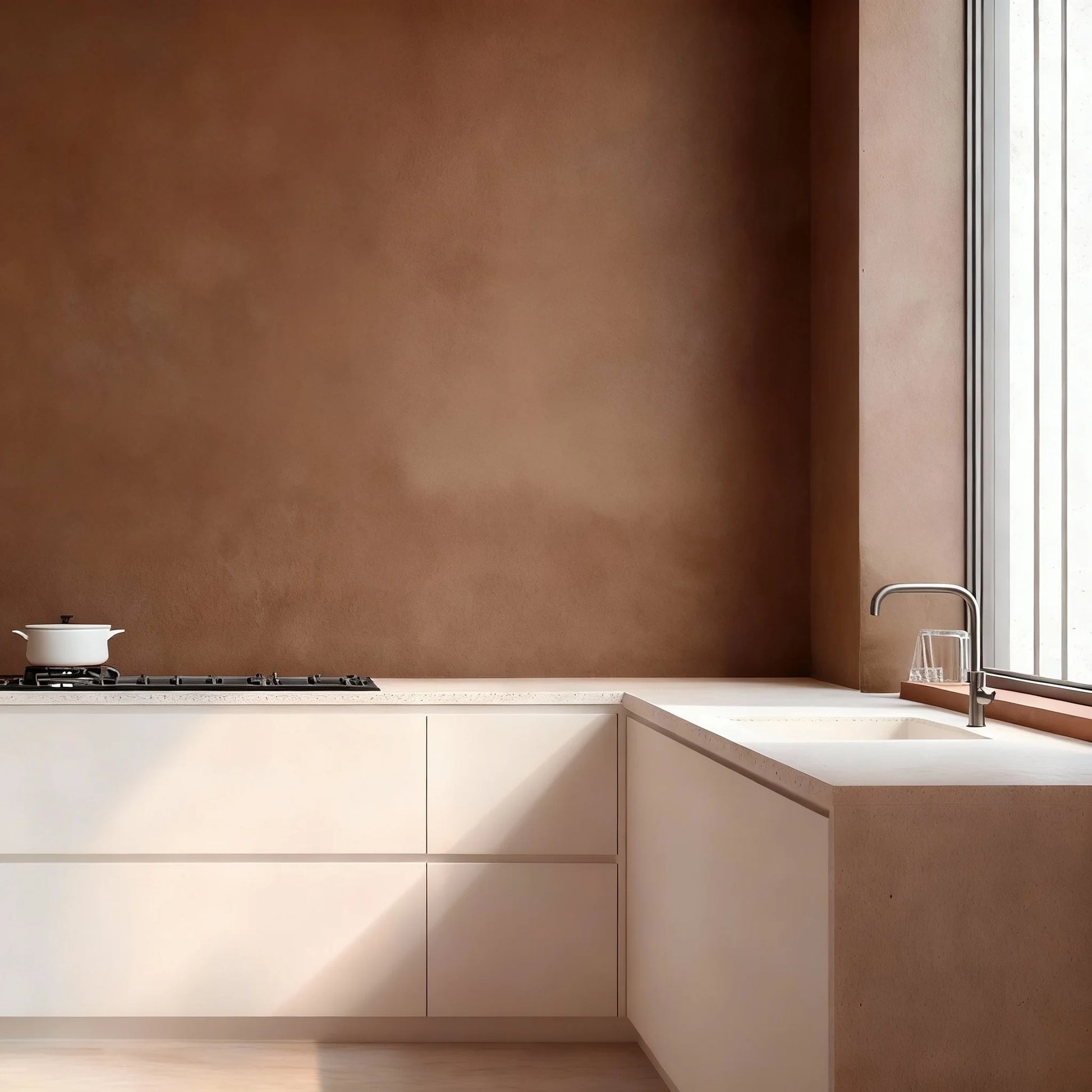 Pared de cocina en microcemento color Café, encimera clara y luz natural entrando por la ventana.