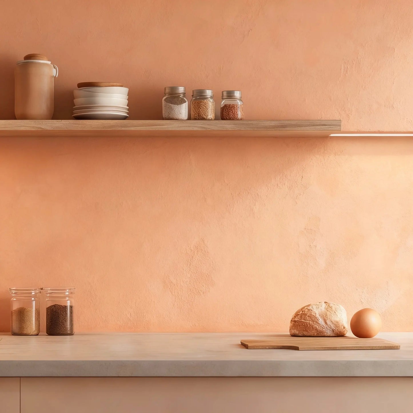 Pared de cocina en microcemento color Salmon, luz cálida y encimera clara con pan y tarros de cristal.