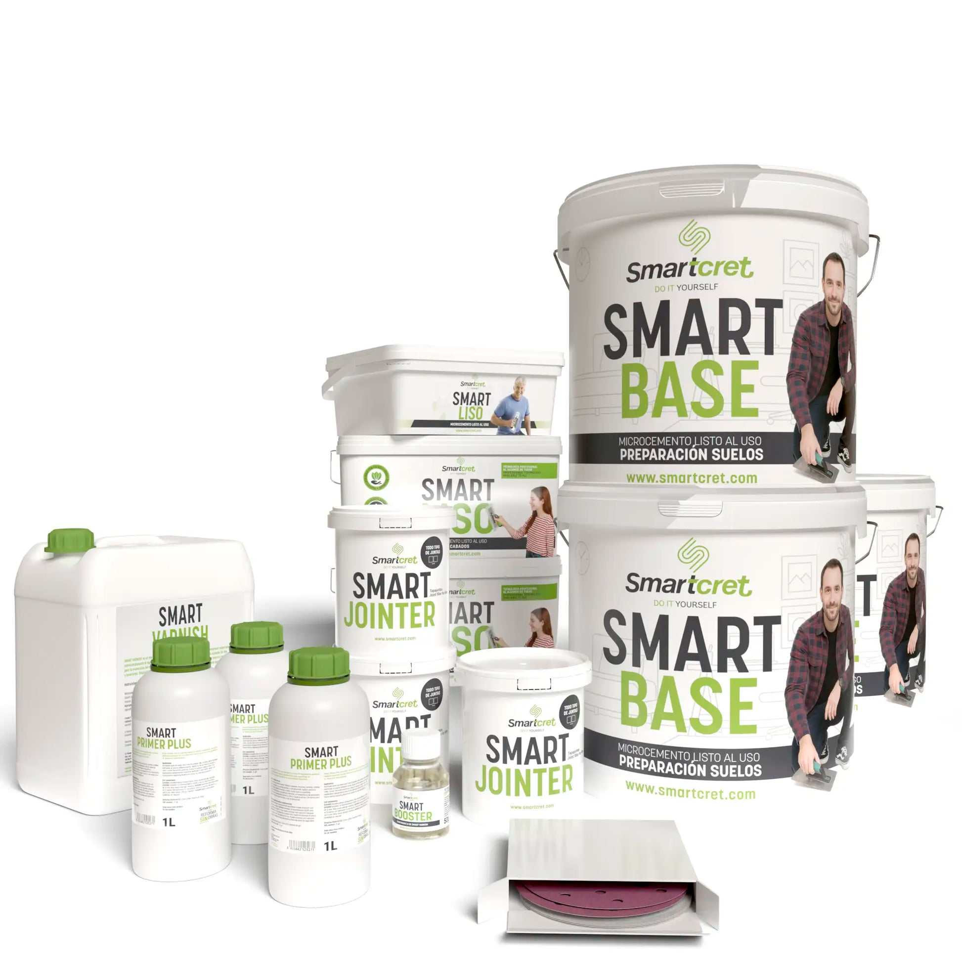 Imagen del kit de microcemento Smartcret para paredes de baño con juntas de 24 m², composición de envases completa.