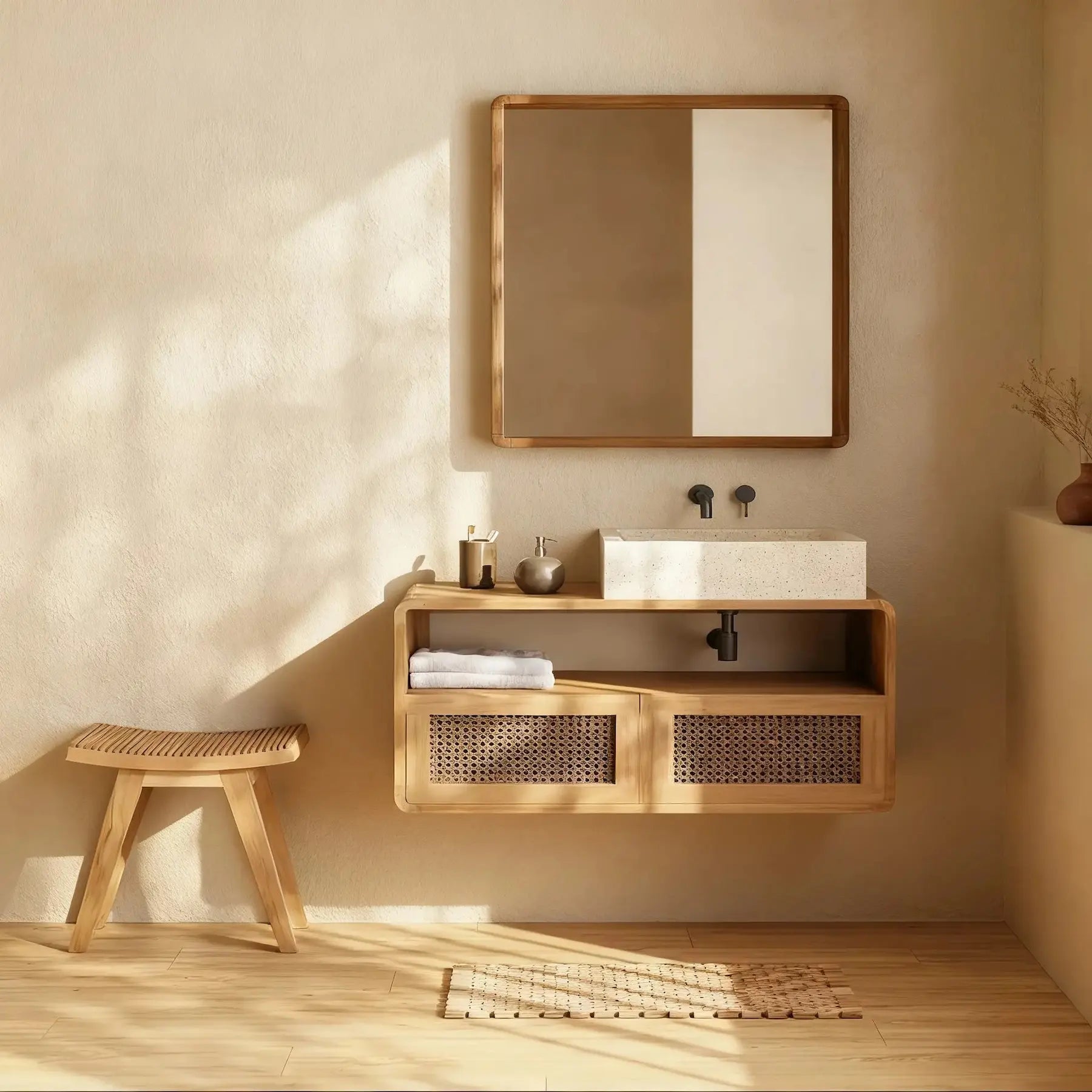 Pared de baño en microcemento color Mojave con lavabo rectangular, mueble de madera natural y luz cálida que realza el espacio.