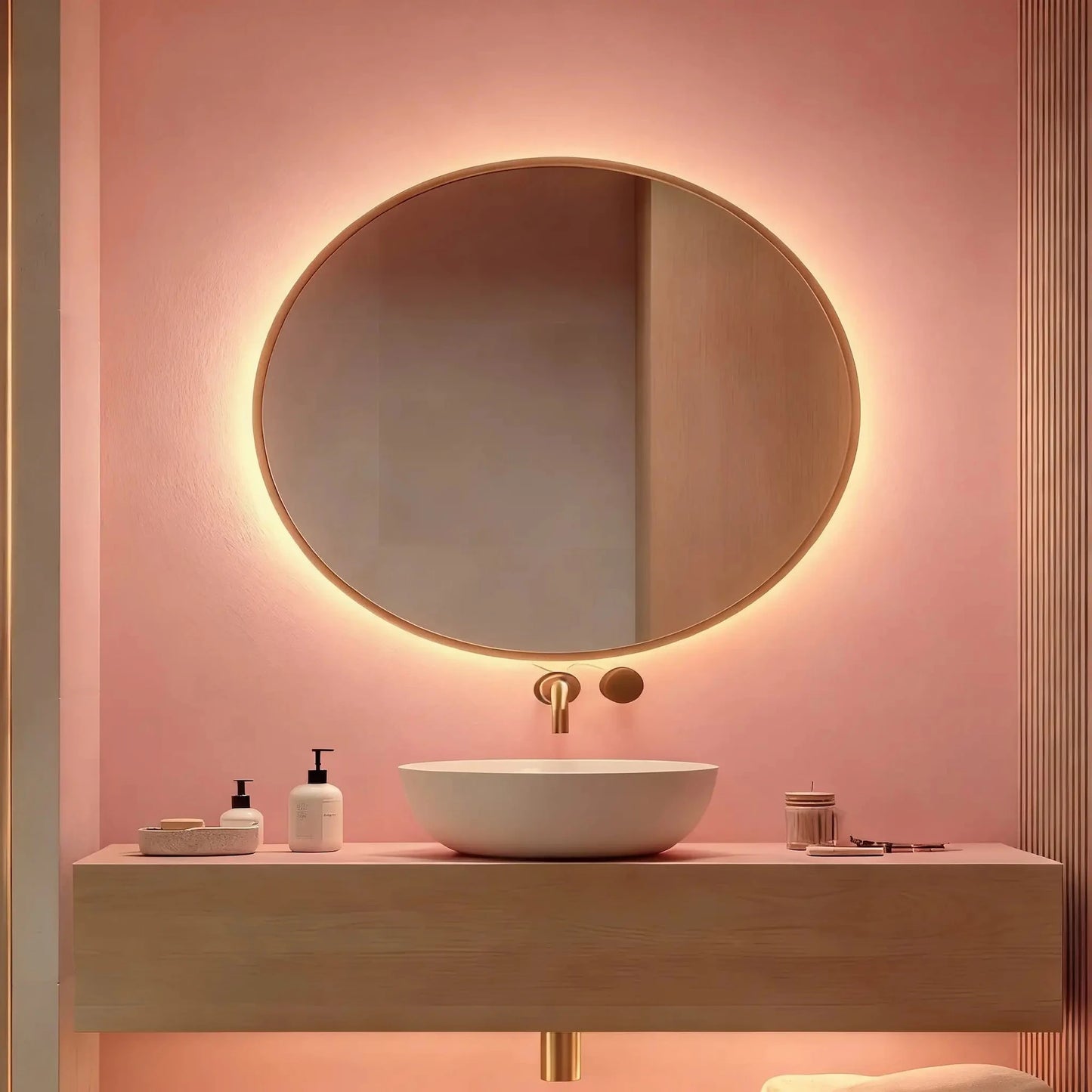 Pared de baño en microcemento color Coral con lavabo blanco, mueble de madera y luz cálida que realza el ambiente.