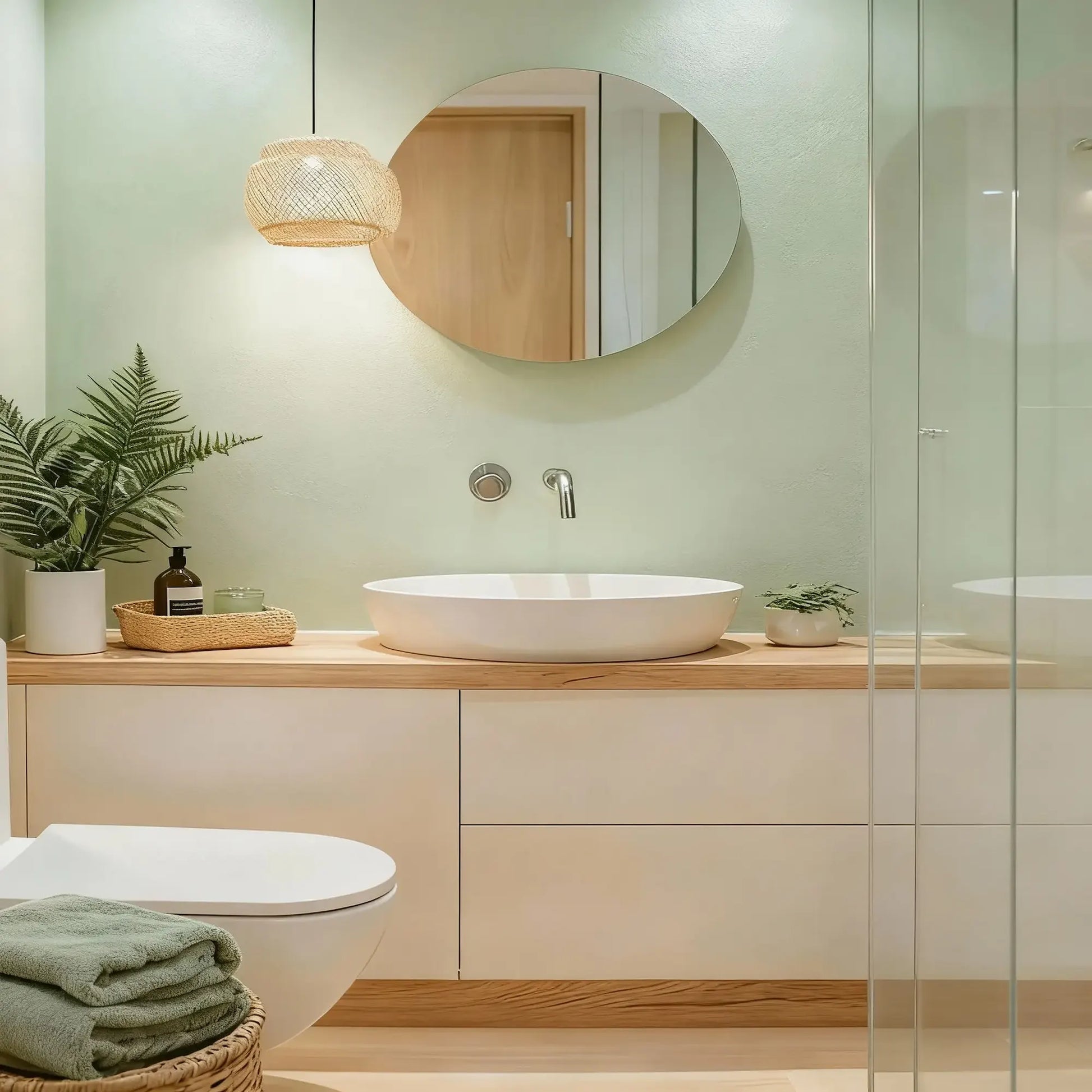Pared de baño en microcemento color Moss con lavabo blanco, mueble de madera clara y detalles naturales en un ambiente sereno.