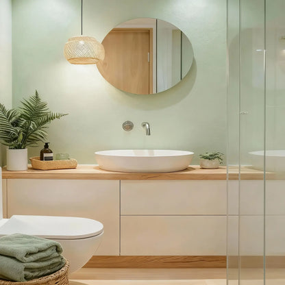 Pared de baño en microcemento color Moss con lavabo blanco, mueble de madera clara y detalles naturales en un ambiente sereno.