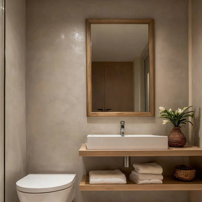 Pared de baño en microcemento color Spike con lavabo rectangular, estantería de madera y detalles naturales en un ambiente acogedor.