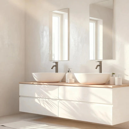 Pared de baño en microcemento color Blanco Roto con doble lavabo, encimera de madera clara y luz natural suave.