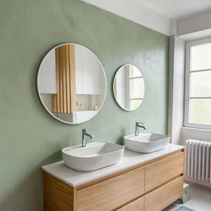 Pared de baño en microcemento color Khaki con doble lavabo blanco, mueble de madera clara y luz natural desde la ventana.