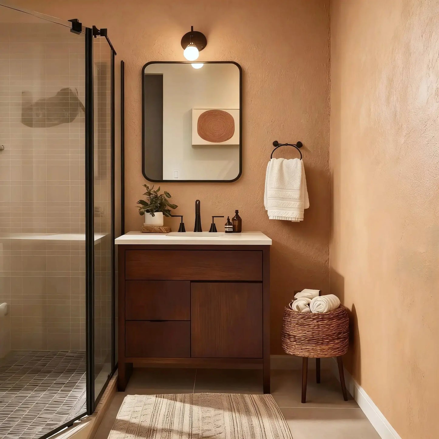 Pared de baño en microcemento color Salmon con mueble oscuro, ducha en cristal negro y detalles cálidos en un ambiente acogedor.