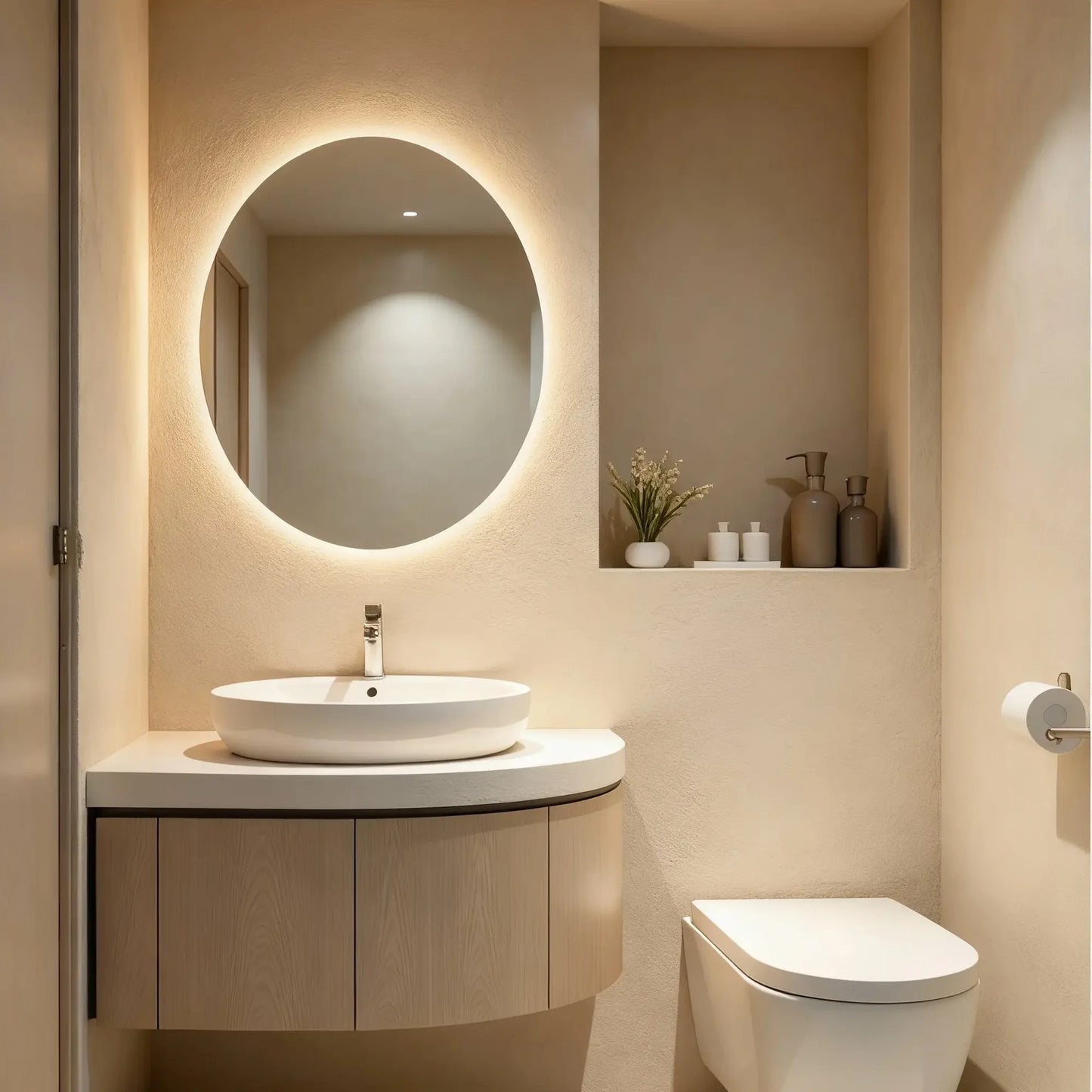 Pared de baño en microcemento color Champagne con lavabo blanco, mueble curvo de madera y luz cálida en un espacio íntimo.