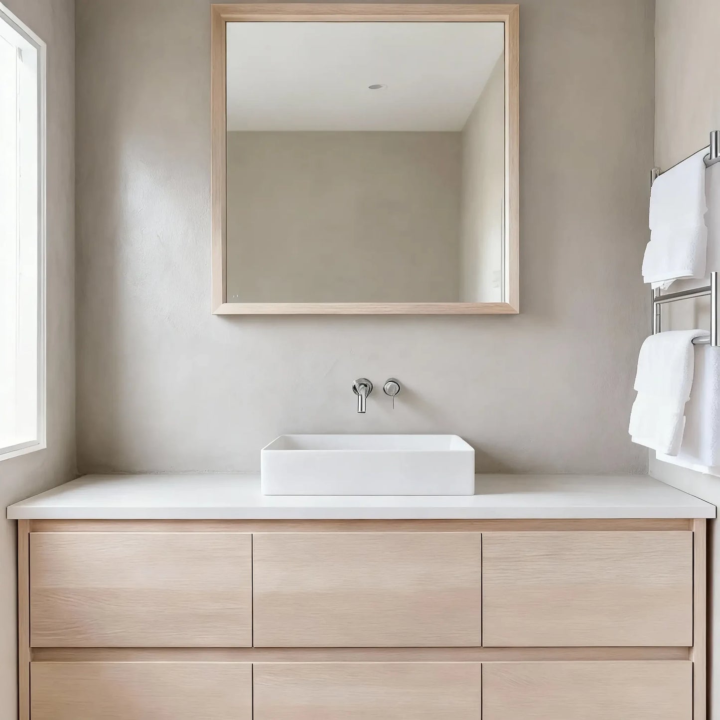 Pared de baño en microcemento color Liquen con lavabo rectangular blanco y mueble de madera clara en un espacio luminoso.