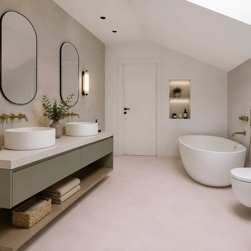 Revestimiento de microcemento rosa color Blush en el suelo de un baño abuhardillado con dos lavabos, bañera curva y detalles en latón.