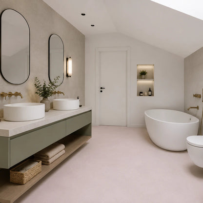 Revestimiento de microcemento rosa color Blush en el suelo de un baño abuhardillado con dos lavabos, bañera curva y detalles en latón.