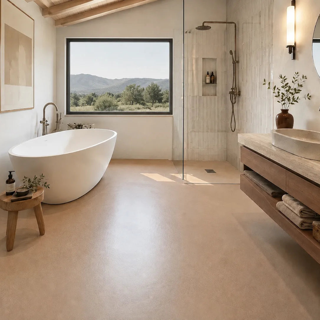 Suelo de microcemento marrón color Café en baño con bañera blanca, gran ventanal panorámico, ducha acristalada y mueble de madera.