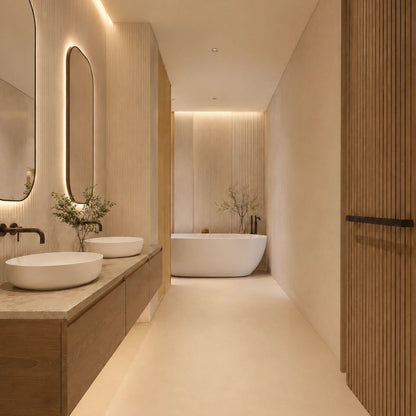 Suelo de microcemento color Champagne en baño alargado con doble lavabo, bañera al fondo, puerta de madera listonada e iluminación cálida.