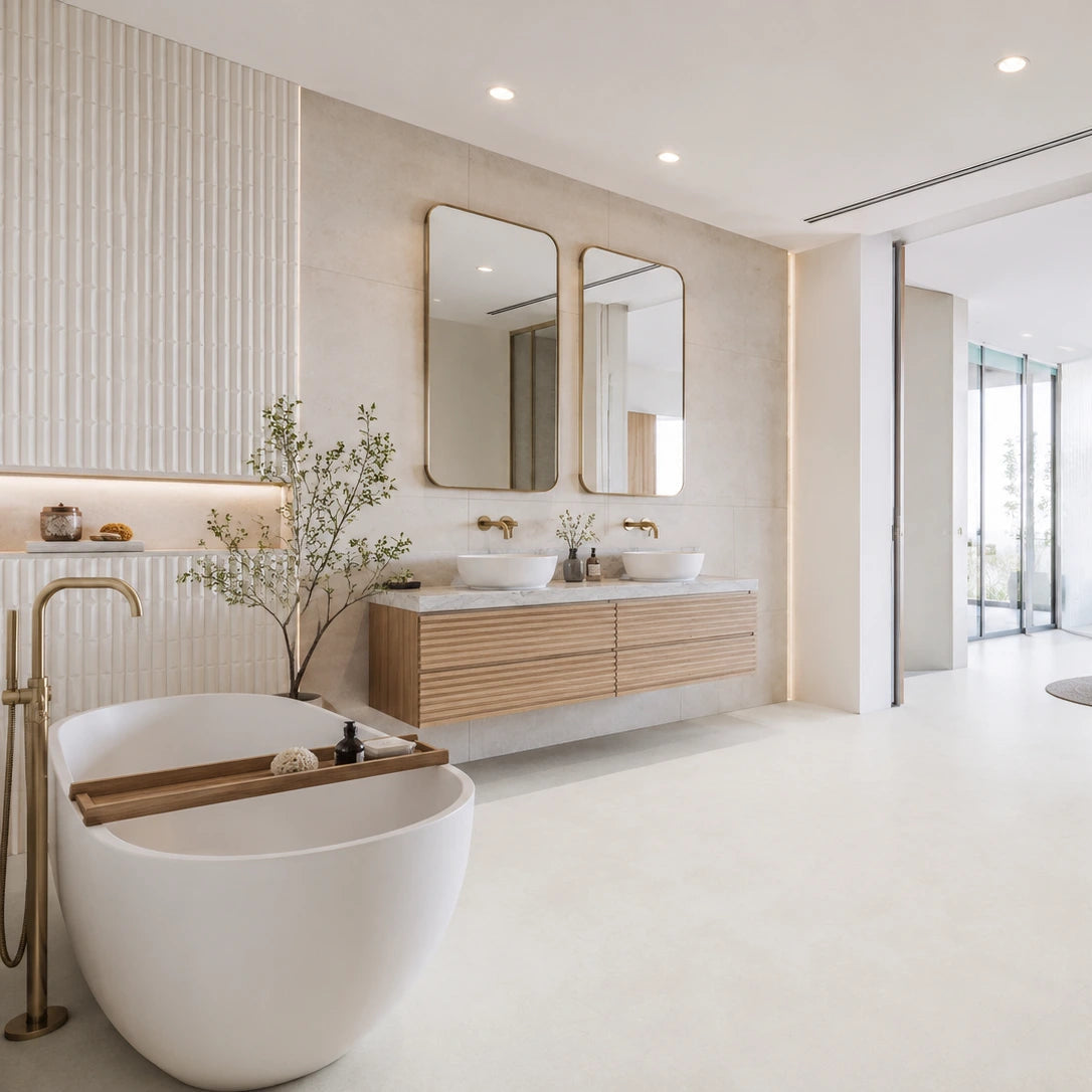 Amplio baño con suelo revestido con microcemento blanco roto, doble lavabo en mueble suspendido de madera clara y pared texturizada blanca.