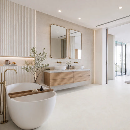 Amplio baño con suelo revestido con microcemento blanco roto, doble lavabo en mueble suspendido de madera clara y pared texturizada blanca.
