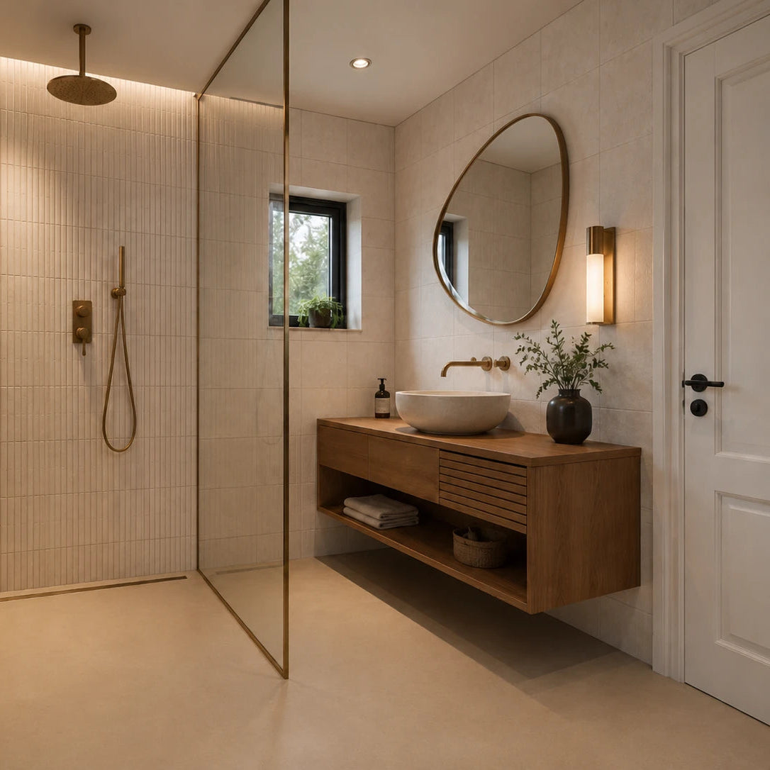 Suelo de baño revestido con microcemento marrón color Mojave, con ducha acristalada, azulejos beige acanalados y mueble suspendido de madera.