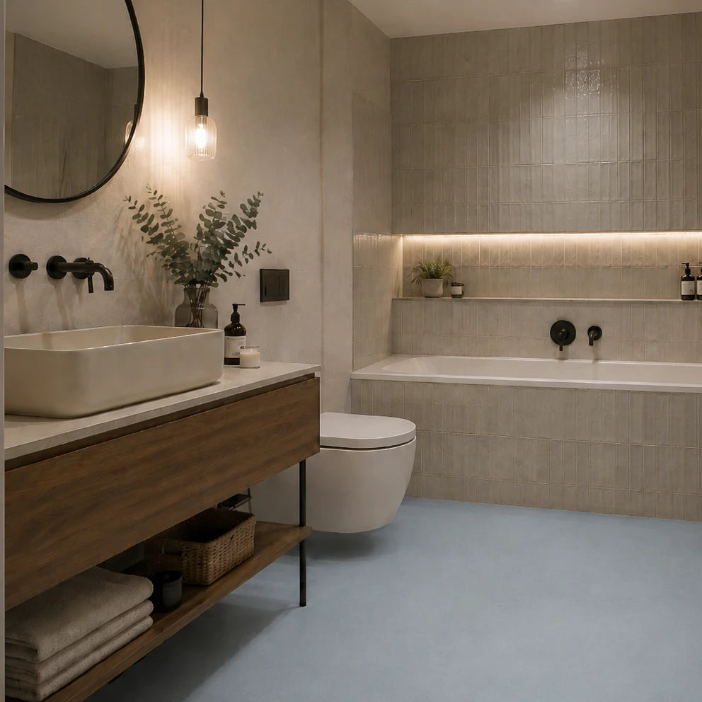 Baño moderno con suelo de microcemento azul pastel color Breeze, bañera encastrada y lavabo rectangular sobre mueble de madera.