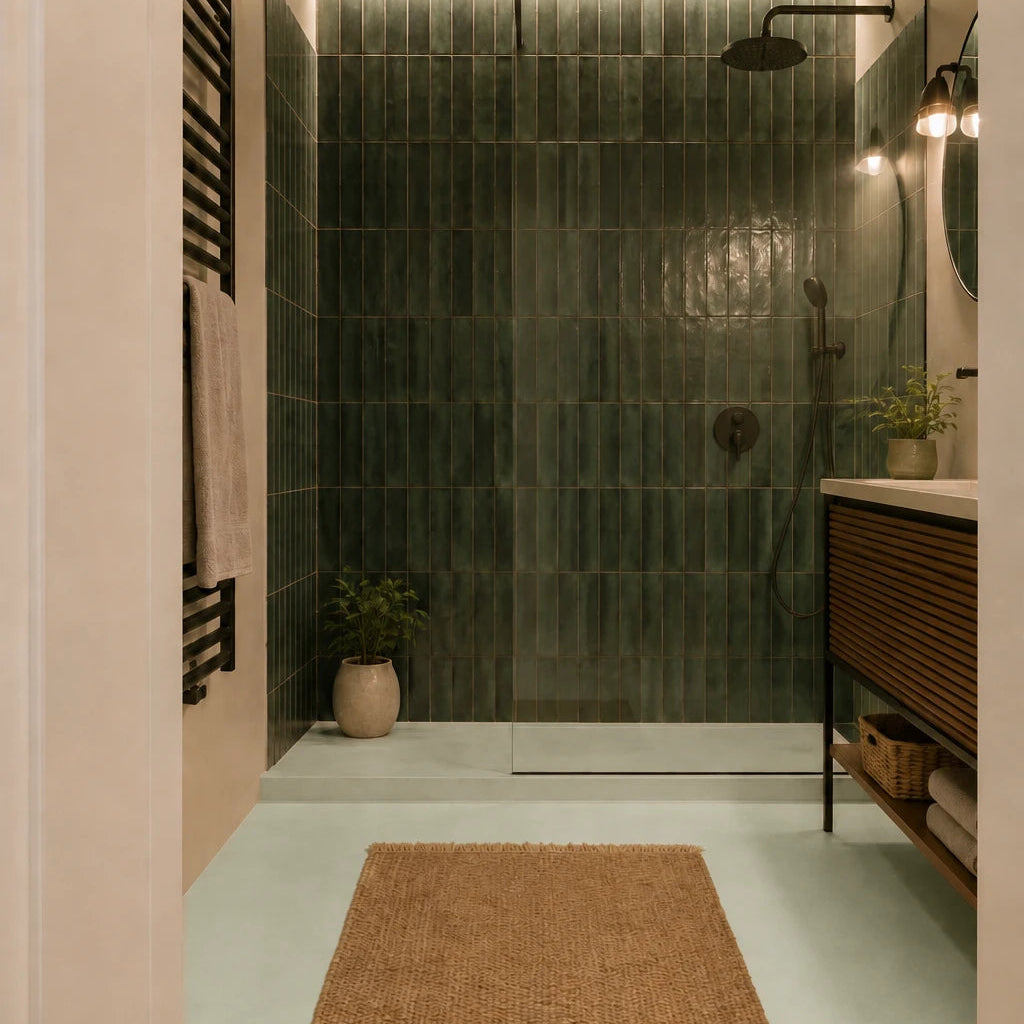 Baño moderno con suelo de microcemento verde color Moss, ducha frontal con azulejos verdes, mueble de madera y alfombra de yute.