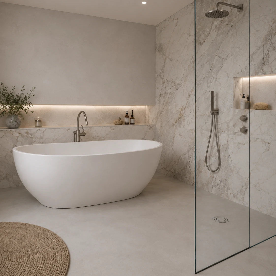 Baño moderno con suelo de microcemento gris color Universe, bañera  blanca, ducha con mampara de cristal y paredes de mármol claro veteado.