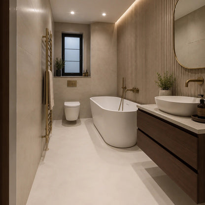 Suelo de microcemento blanco en baño alargado con bañera, pared listonada iluminada y mueble suspendido de madera.