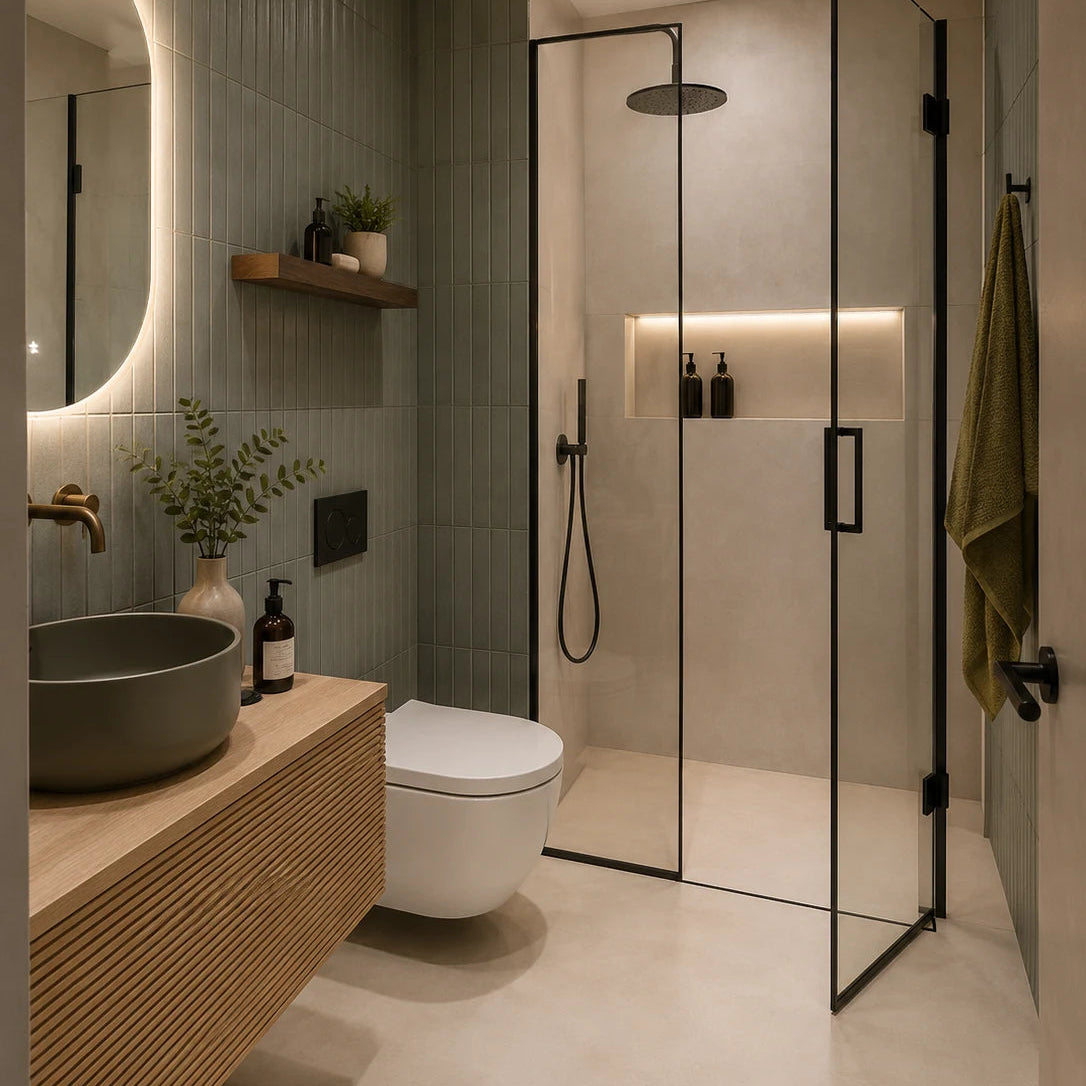 Baño moderno con suelo de microcemento color Bone, también en plato de ducha, y azulejos verticales verde oliva en paredes.