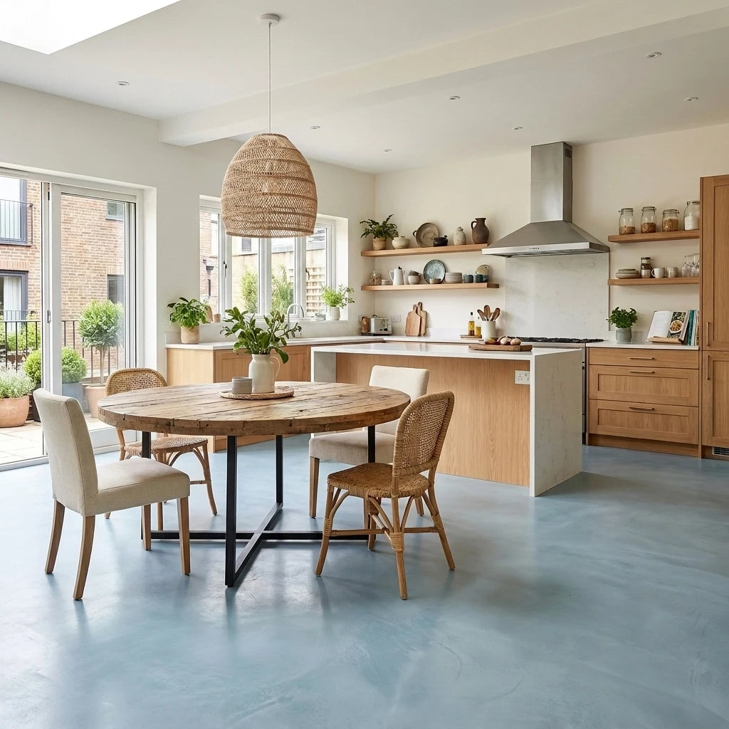 Cocina abierta con pavimento de microcemento azul color Breeze, muebles de madera natural, estanterías decorativas y zona de comedor junto a grandes ventanales.