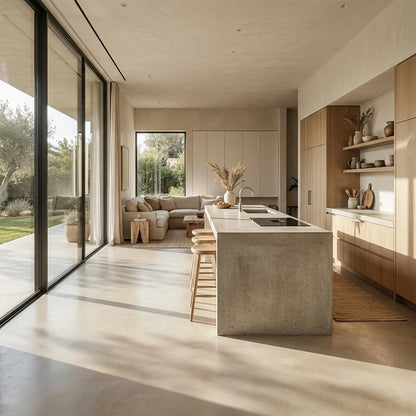 Cocina diáfana con pavimento de microcemento beige color Porcelain, isla de obra, muebles de madera natural y salón integrado junto a grandes ventanales.