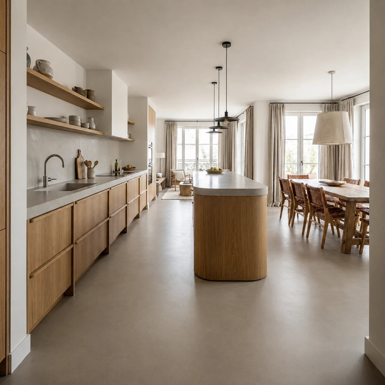 Cocina amplia con pavimento de microcemento color Spike, muebles de madera natural, isla central y comedor integrado en un espacio luminoso.