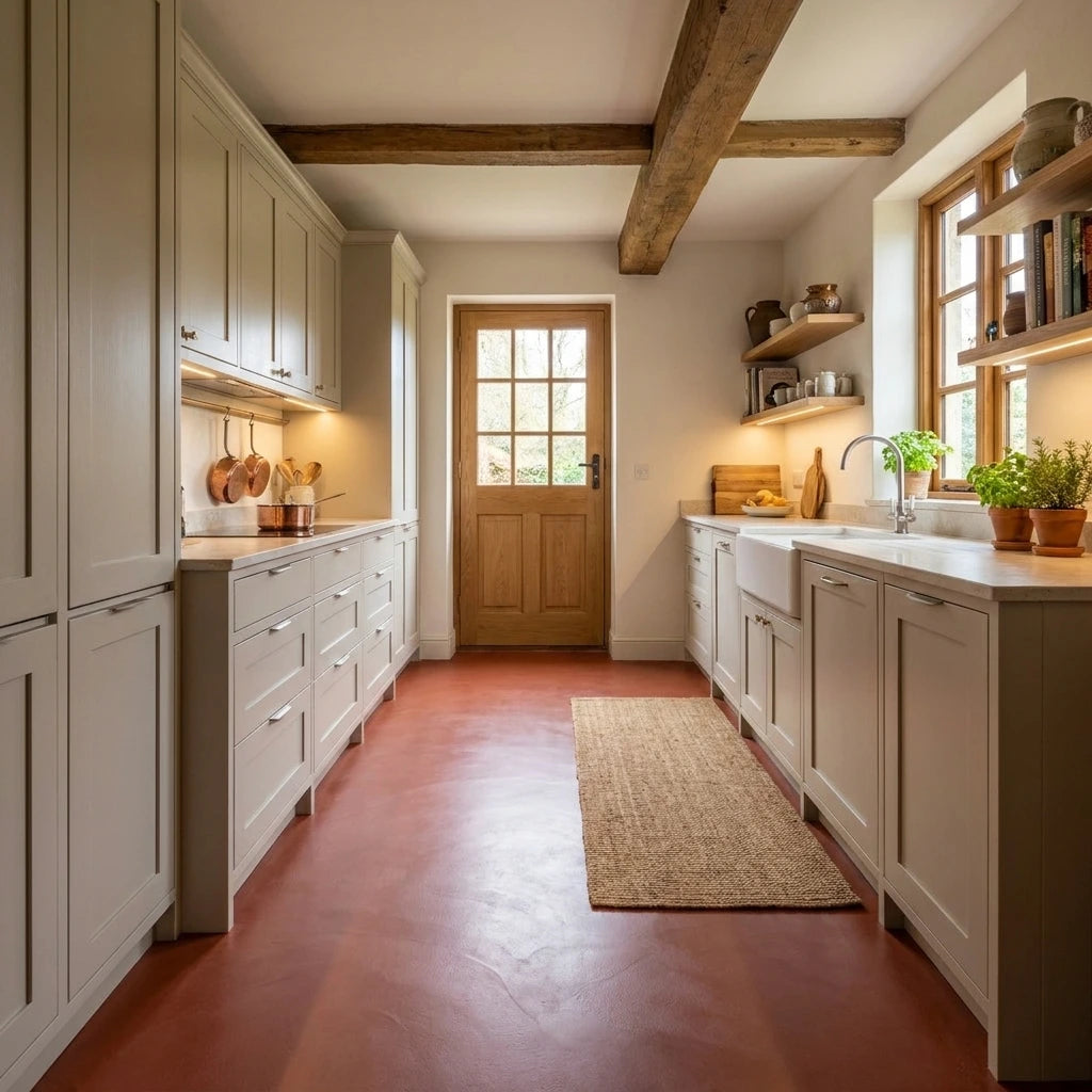 Cocina de estilo campestre con pavimento de microcemento color Coral, armarios beige, encimera clara, alfombra de fibras naturales y techo con vigas de madera.