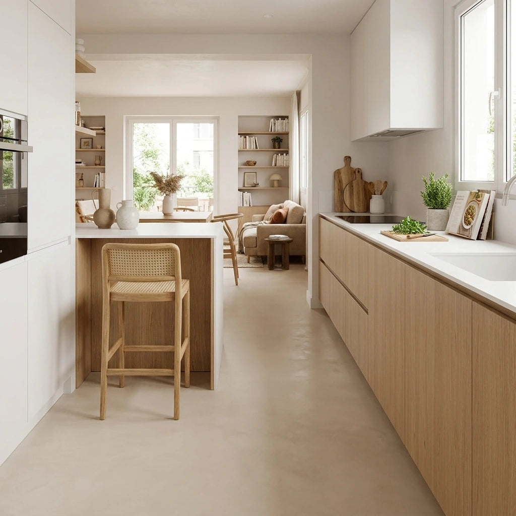 Cocina luminosa con pavimento de microcemento arena color Spike, mobiliario blanco y madera clara, barra auxiliar con taburete de ratán y salón integrado al fondo.