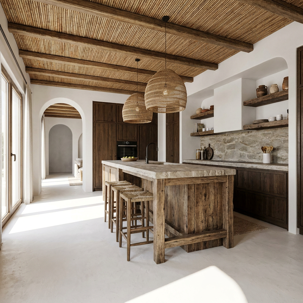 Cocina mediterránea con suelo continuo de microcemento color Bone, salpicadero de piedra, isla de madera rústica y techo de cañizo.