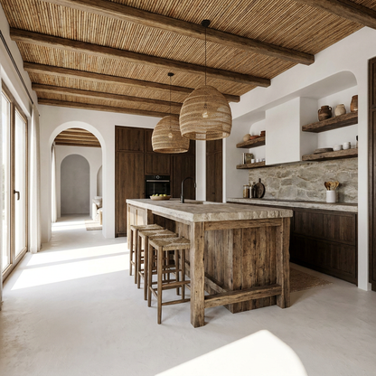 Cocina mediterránea con suelo continuo de microcemento color Bone, salpicadero de piedra, isla de madera rústica y techo de cañizo.