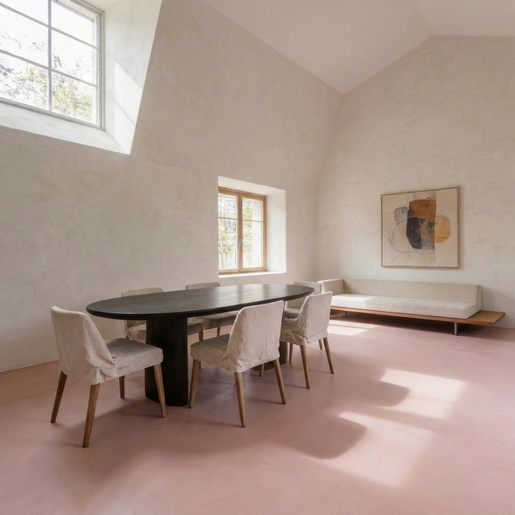 Comedor con suelo continuo de microcemento rosa empolvado color Blush, paredes blancas y mesa ovalada oscura con sillas tapizadas y grandes ventanales.