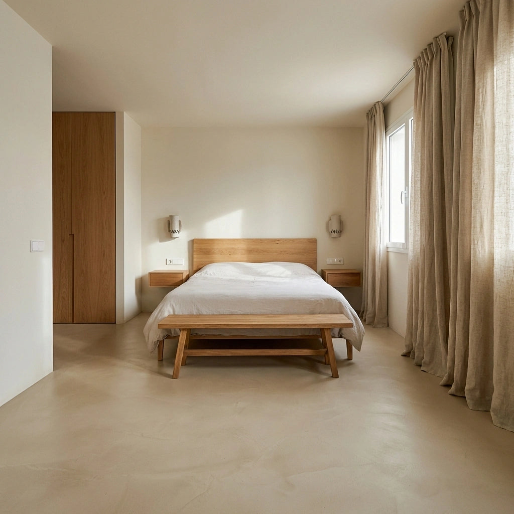 Dormitorio principal con suelo de microcemento beige color Mojave, cama de madera natural, mesillas flotantes y cortinas de lino que filtran la luz natural lateral.