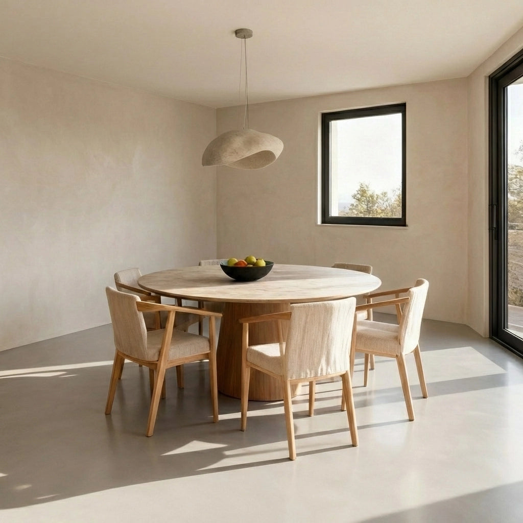 Comedor contemporáneo con suelo continuo de microcemento gris color Spike, mesa redonda de madera maciza y puerta corredera que conecta a la terraza.