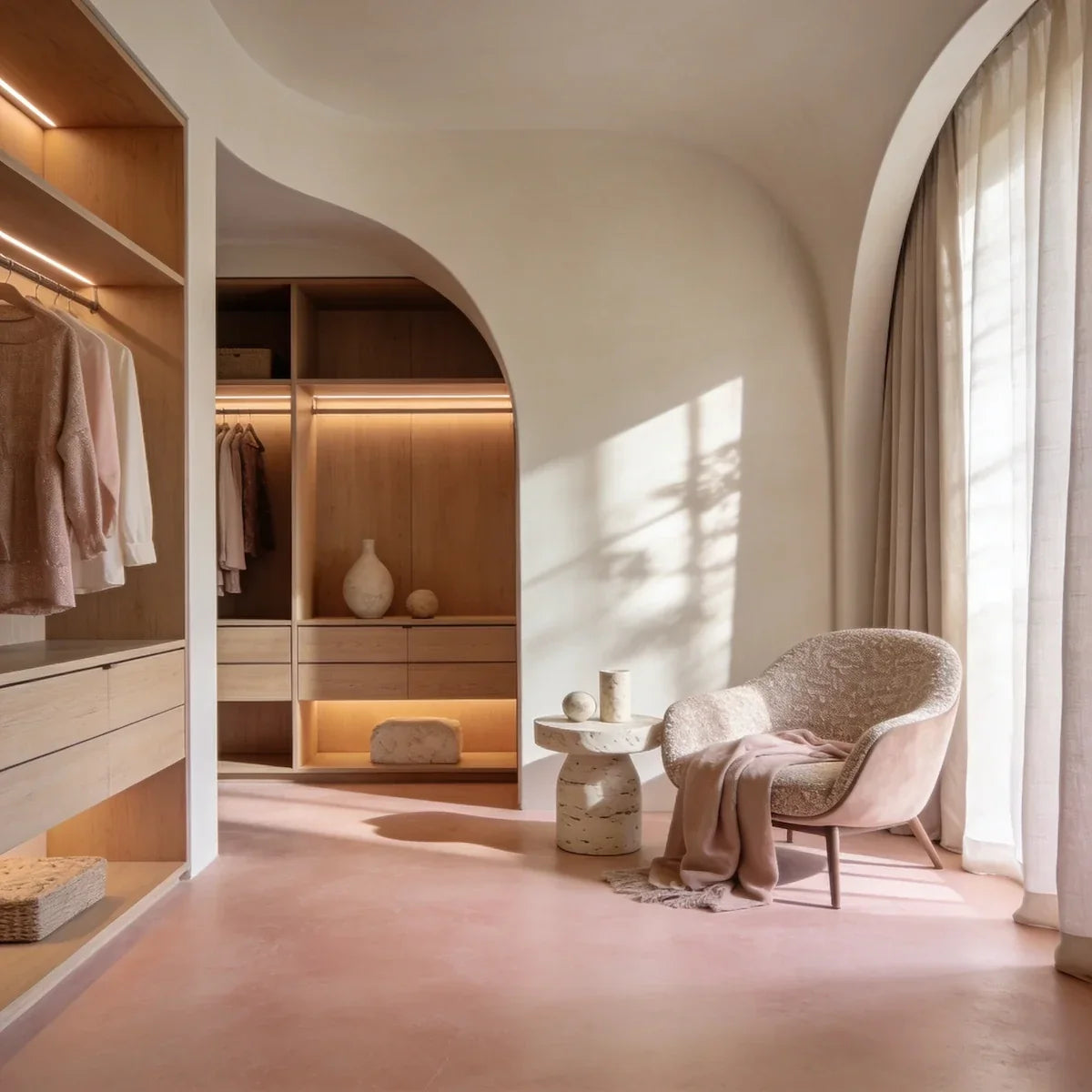 Vestidor moderno con suelo continuo de microcemento color Coral, sillón rosado y jarrones decorativos.