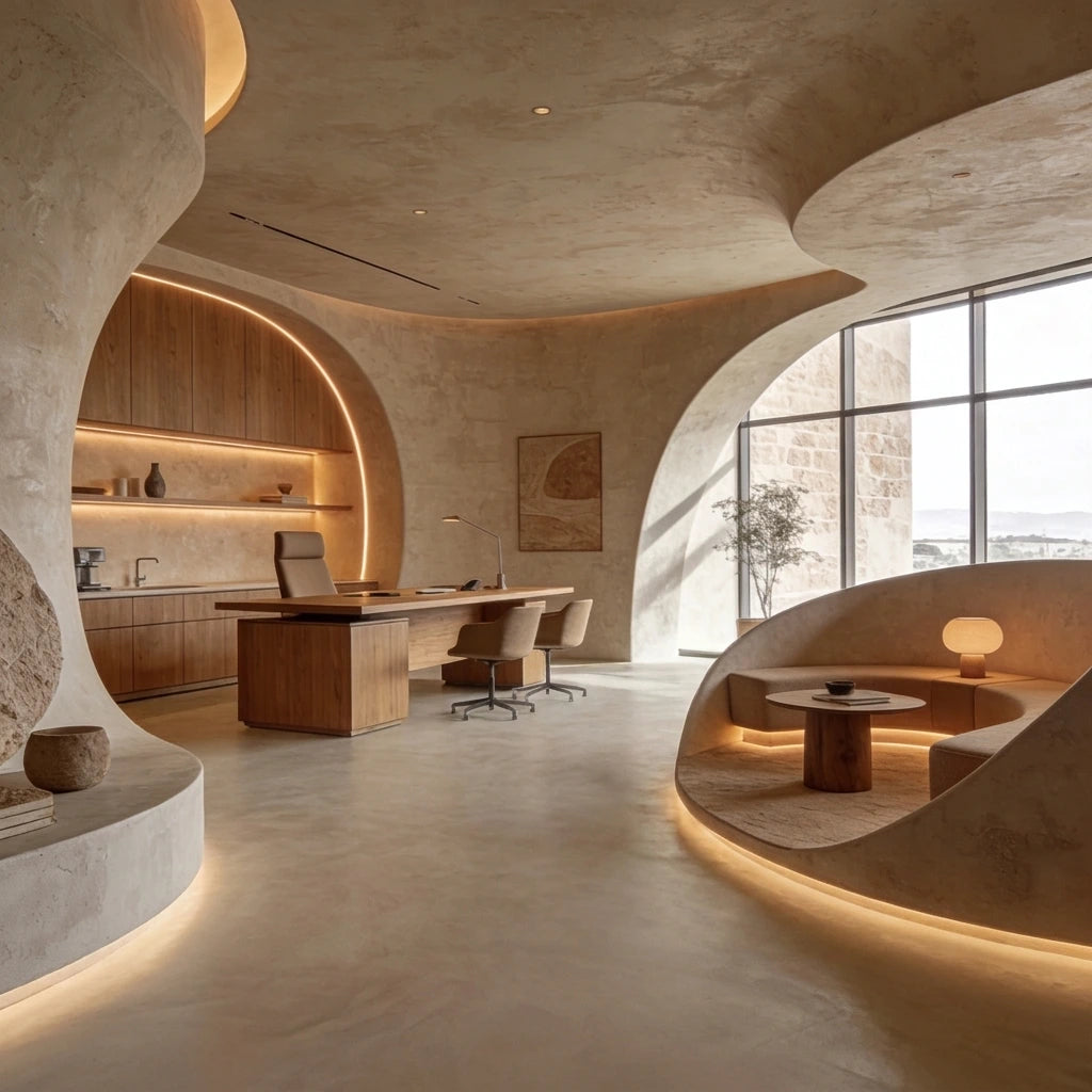 Oficina contemporánea con suelo continuo de microcemento color Mojave y mobiliario curvo de madera con iluminación integrada.