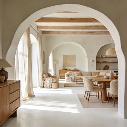 Salón-comedor de estilo nórdico con suelo continuo de microcemento blanco y mobiliario de madera en tonos naturales.
